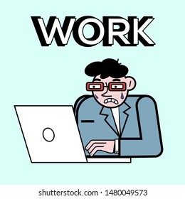 Sad or angry frustrated worker or business man sitting on a laptop. Concept of unpleasant routine work. Flat vector illustration