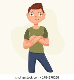 Sad, angry guy. A man with hands on his chest.