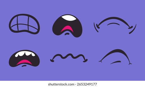 Sad angry mouth smile cute cartoon doodle face expression isolated set. Vector graphic design element illustration