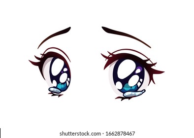 Sad anime eyes. Tears in her big blue eyes. Hand drawn vector cartoon illustration.