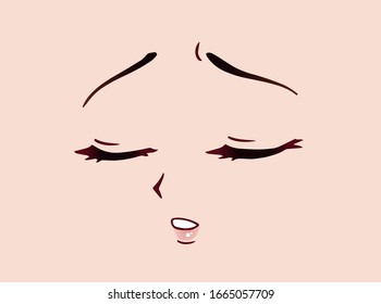 Sad anime face. Manga style closed eyes, little nose and kawaii mouth. Hand drawn vector cartoon illustration.