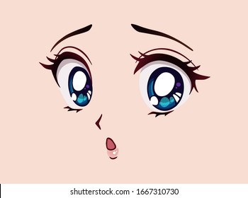 Sad Anime Face. Manga Style Big Blue Eyes, Little Nose And Kawaii Mouth. Hand Drawn Vector Cartoon Illustration.