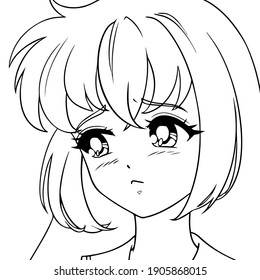 Sad anime girl. Icon portrait. Contour vector illustration. Black lines isolated on white.