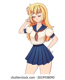 Sad anime manga girl with blonde hair wearing school uniform with peace sign isolated on white background.