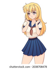 Sad anime manga girl with blonde hair wearing school uniform with cute paw hands isolated on white background.
