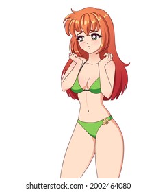 Sad anime manga girl with red hair wearing green swimsuit cute paw hands isolated on white background.