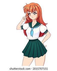 Sad anime manga girl with red hair wearing school uniform with peace sign isolated on white background.