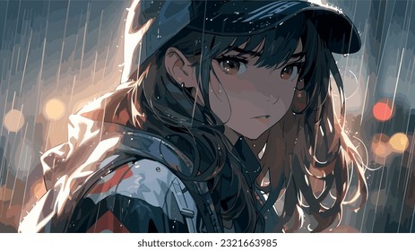 Sad Anime Moment, a poignant illustration portraying a tearful protagonist standing alone in the rain