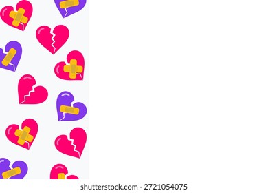 Fondo anti-San Valentín triste con espacio de copia de borde lateral. Plantilla de recuperación del desamor con corazones rotos con vendajes. Diseño plano de Vector para tarjeta de felicitación emocional o correo.