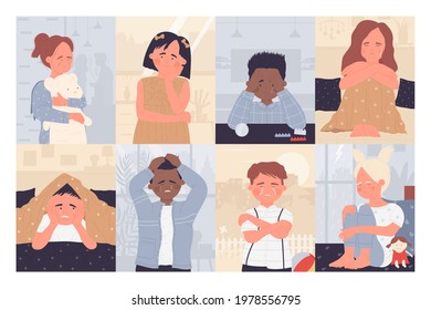 Sad anxiety kids, children cry, feel sorrow vector illustration set. Cartoon unhappy girl boy child character sitting alone with depression face, loneliness despair and psychological stress background