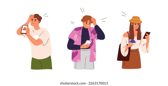 Sad anxious characters with mobile phones, reading bad news, message in internet. Upset shocked scared people with smartphones, negative emotion. Flat vector illustrations isolated on white background