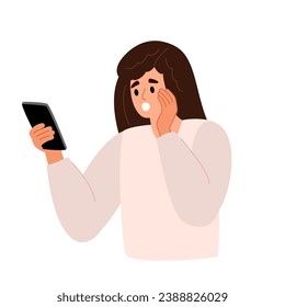 Sad anxious girl with mobile phones, reading bad news, message in internet. Negative emotion. Flat vector illustration isolated on white background.