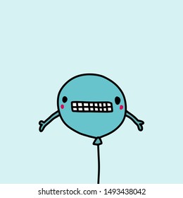 Sad apologizing balloon blue hand drawn illustration in cartoon style card poster print on turquoise background