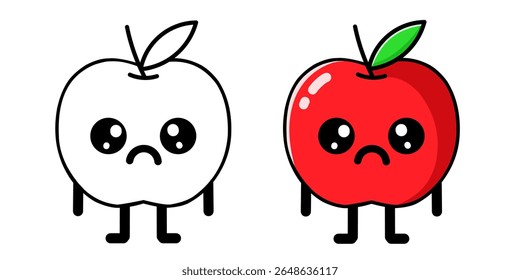 sad apple cartoon character design complete with sketch, apple icon, apple logo, great as sticker and emot.