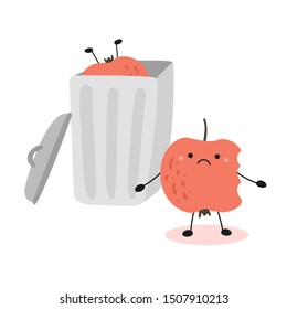sad apple kawaii. apple in the trash. vector illustration