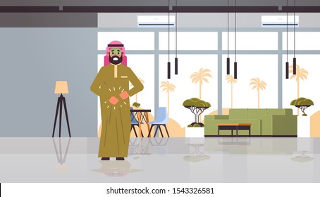 sad arab man with pale face vomit nausea stomach ache food or alcohol poisoning digestive problem concept arabian character feeling sick modern restaurant interior flat full length horizontal vector
