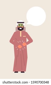 sad arab man with pale face vomit nausea stomach ache food or alcohol poisoning digestive problem concept unhappy arabian character puking feeling sick flat full length vertical vector illustration