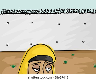 A sad Arab Muslim woman passing near the Israeli separation barrier