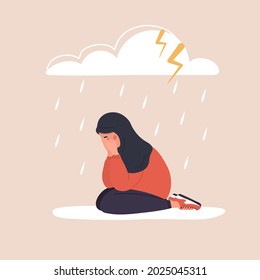 Sad arab woman sitting under rainy cloud. Depressed teenager in hijab crying. Mood disorder concept. Unhappy girl needs psychological help. Vector illustration in cartoon style.