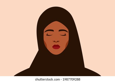 Sad arabian woman with closed eyes. Portrait of weeping girl emotions grief. Unhappy muslim female feels depression. Mental health concept. Vector illustration