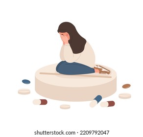 Sad arabic woman sitting on big pill. Mental disorders concept. Antidepressants, vitamins and hormonal medications. Depressed teenager needs medical care. Vector illustration in flat cartoon style.