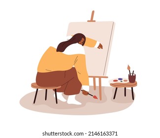 Sad artist at blank canvas. Creative crisis and burnout concept. Depressed uncreative woman painter with lack of ideas, imagination, motivation. Flat vector illustration isolated on white background