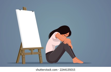 
Sad Artist Experiencing Creative Block Next to Blank Canvas on a Easel. Unmotivated painter feeling disappointed and depressed lacking motivation to create 

