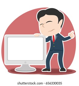 sad asian businessman presenting big blank monitor
