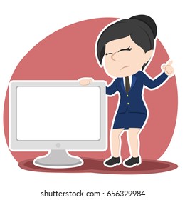 sad asian businesswoman presenting big blank monitor