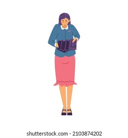 Sad Asian Female Wearing Skirt And Heels Look Inside Open Empty Wallet. Broke Girl Need Money, Finance Problem Or Trouble. Personal Finance Flat Vector Illustration.