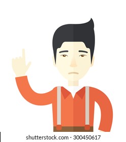 A sad asian guy raising his one arm. A Contemporary style. Vector flat design illustration isolated white background. Square layout.