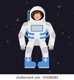 Sad astronaut in outer space. Sorrowful pessimistic spaceman. Space suit
