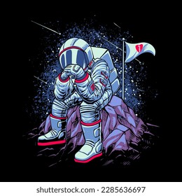 sad astronaut sitting on the moon illustration