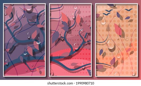 sad autumn abstract triptych in pastel colors. raindrops, silhouettes of a tree, flying birds, fallen leaves against a background of overlapping shapes with smooth edges. three images in white frames.