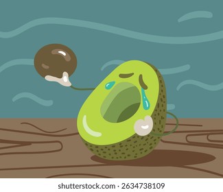 Sad avocado character crying, holding seed. Loss, separation, or healthy eating concept. Fun, bright illustration. Ideal for blogs, articles, or cards.