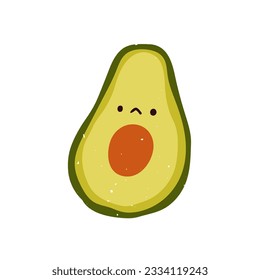 Sad avocado. Disappointed frustrated face expression, cute funny comic vegetable character. Upset unhappy emotion, reaction sticker. Childish flat vector illustration isolated on white background