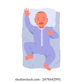 Sad baby crying, unhealthy troubles and stress of newborn, babysitting. Angry toddler in sleep cap lying on blue pillow under blanket at night, top view of hungry infant