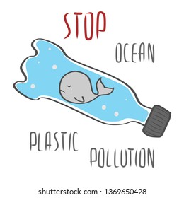 Sad baby whale in the bottle. Stop ocean plastic pollution. Cartoon vector illustration doodle style