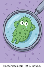 Uma triste bactéria ao microscópio.
Ilustração em desenho animado de uma bactéria verde sob uma lupa. antissépticos, doenças, controle microbiano, imunidade, educação médica. Luta contra as bactérias