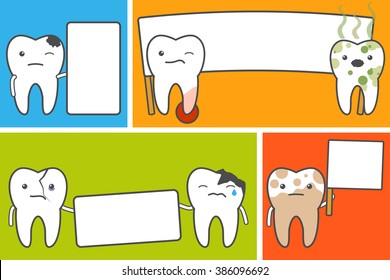 Sad and bad teeth teeth with blank flags and banners. Vector illustration