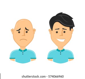 sad bald man and a happy man with a beautiful luxuriant long hair. Vector design flat cartoon character illustration. Isolated on white background. baldness treatment loss,hairline,treatment concept