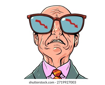 Um homem triste e careca. Símbolos de gráfico vermelho apontando para baixo. Medo dos negócios. Desenho animado pop art retro vetor ilustração desenho à mão. Sobre um fundo branco