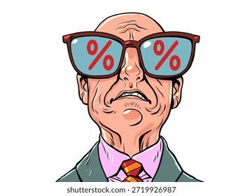 A sad bald man. Red discount symbols. The fear of a salesperson. Comic cartoon pop art retro vector illustration hand drawing. On a white background