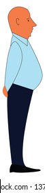 Un triste calvo parado erguido con las manos detrás de él lleva una camisa azul azul marino pantalones negros zapatos negros y tiene un dibujo de color vectorial o ilustración 