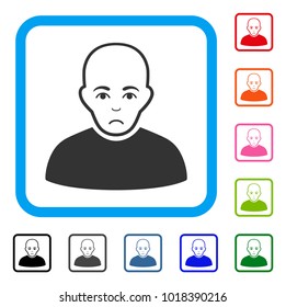 Sad Bald Man vector pictograph. Person face has pitiful sentiment. Black, gray, green, blue, red, pink color versions of bald man symbol in a rounded squared frame.