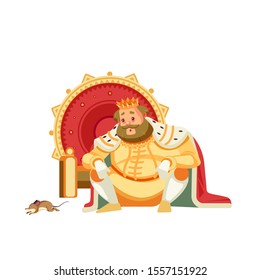 Sad, bankrupt king character sits near the throne. Mournful, pensive, pessimistic, melancholy, joyless, plaintive, cheerless. Emperor, Monarch of the medieval king. Cartoon vector illustration