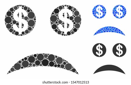 Sad bankrupt smiley mosaic of filled circles in different sizes and color hues, based on sad bankrupt smiley icon. Vector small circles are combined into blue mosaic.