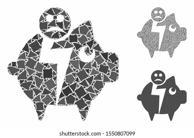 Sad bankruptcy piggy bank mosaic of humpy items in various sizes and color hues, based on sad bankruptcy piggy bank icon. Vector rugged items are combined into collage.