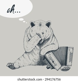 Sad bear with accordion. Sketch.