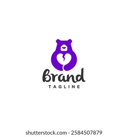 Sad Bear Hugging Cracked Heart Logo Design. Purple Bear Expressing Broken Heart Logo Design.